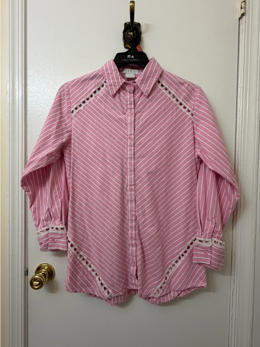 Pink Striped Button-Up Shirt with Eyelet Trim